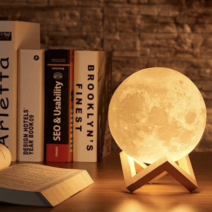 Dekoracyjna Lampa Księżycowa 3D z Naturalną Podstawką i Dotykowym Sterowaniem – Bezprzewodowa Lampa LED do Wnętrz 2