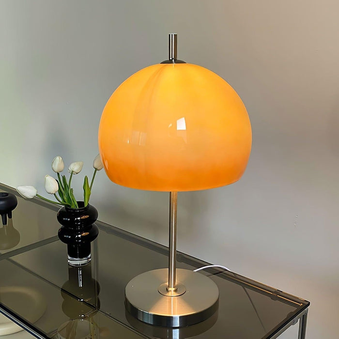 Lampa Stołowa Szklana Bauhaus z Bursztynowym Kloszem – Nowoczesne Lampy Stołowe do Salonów, Wysokość 55 cm 0