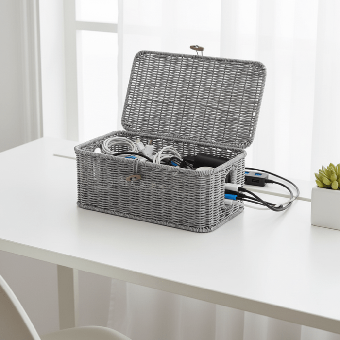 Pudełko z organizerem na kable z pokrywką do przechowywania w domu i biurze – Woven Style Design 1