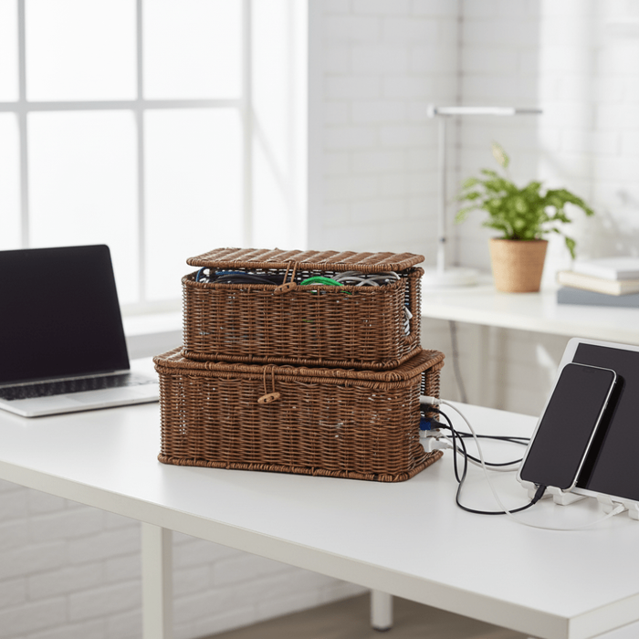 Pudełko z organizerem na kable z pokrywką do przechowywania w domu i biurze – Woven Style Design 3