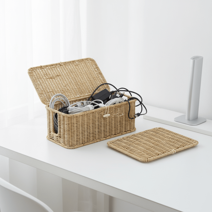 Pudełko z organizerem na kable z pokrywką do przechowywania w domu i biurze – Woven Style Design 5