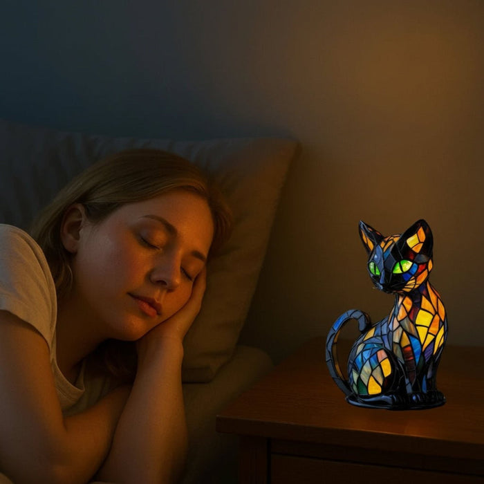 Lampa witrażowa w kształcie kota z ciepłym, nastrojowym światłem – dekoracyjna lampka nocna 2
