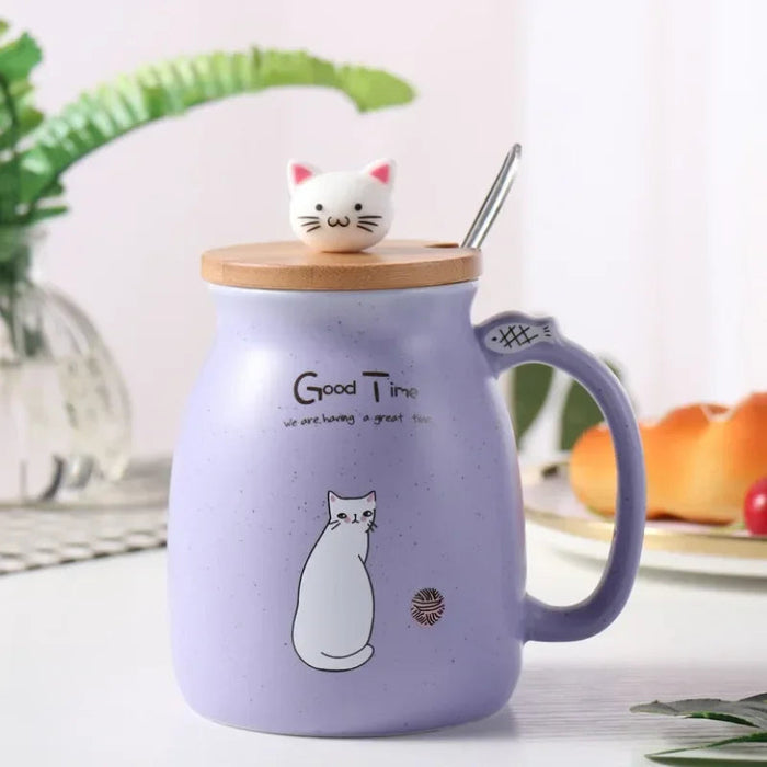 Ceramiczny Kubek z Pokrywką i Łyżeczką, Motyw Kota, 420 ml - Ekologiczny Kubek Ceramiczny z Drewnianą Pokrywką 0