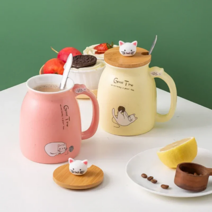 Ceramiczny Kubek z Pokrywką i Łyżeczką, Motyw Kota, 420 ml - Ekologiczny Kubek Ceramiczny z Drewnianą Pokrywką 1