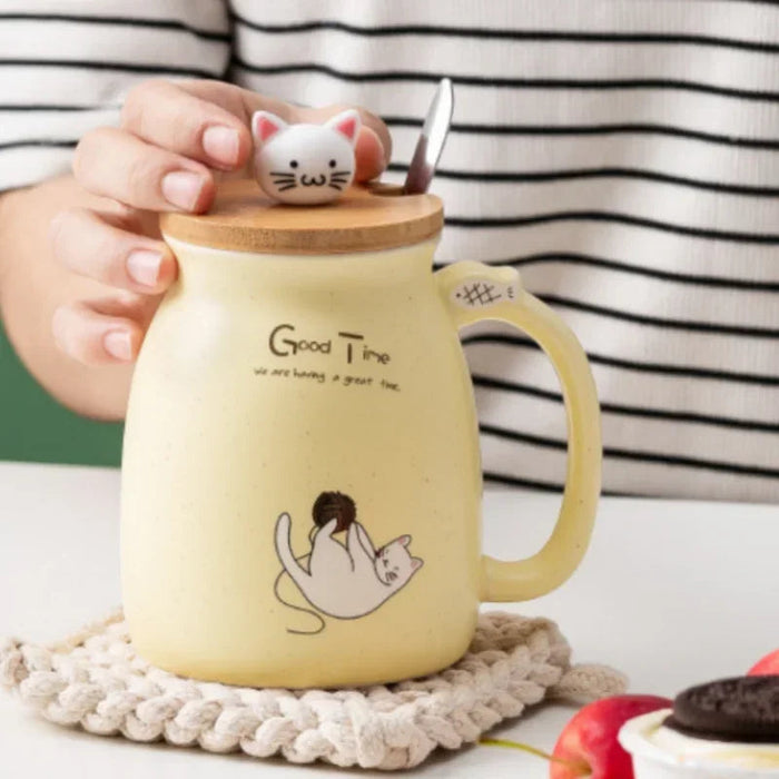 Ceramiczny Kubek z Pokrywką i Łyżeczką, Motyw Kota, 420 ml - Ekologiczny Kubek Ceramiczny z Drewnianą Pokrywką 3
