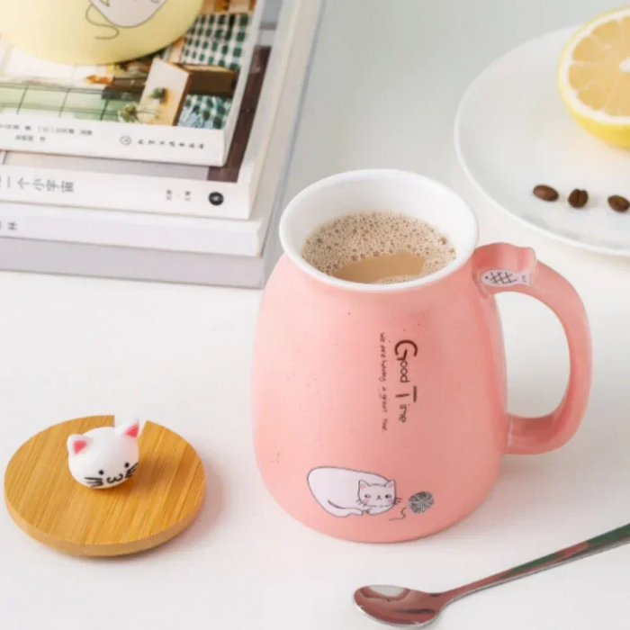 Ceramiczny Kubek z Pokrywką i Łyżeczką, Motyw Kota, 420 ml - Ekologiczny Kubek Ceramiczny z Drewnianą Pokrywką 4