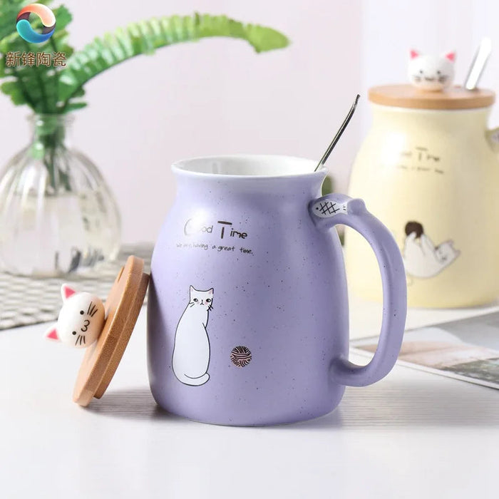 Ceramiczny Kubek z Pokrywką i Łyżeczką, Motyw Kota, 420 ml - Ekologiczny Kubek Ceramiczny z Drewnianą Pokrywką 5