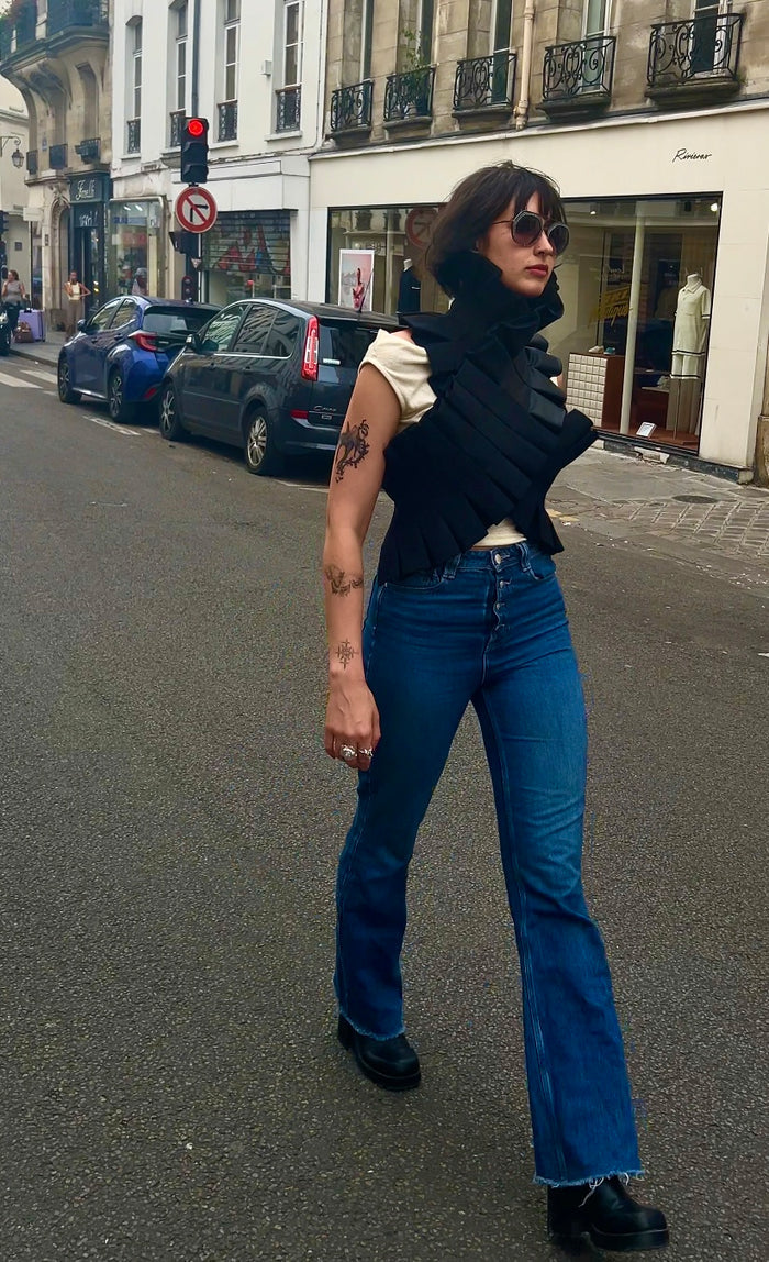 Comme-Tu-Veux 5 Way Wrap with Vegan Leather Detail, Dramatic Version.