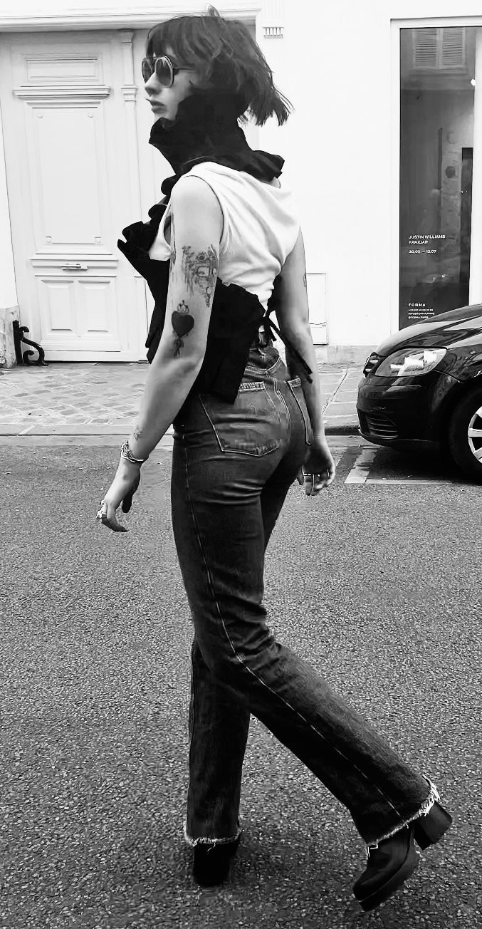 Comme-Tu-Veux 5 Way Wrap with Vegan Leather Detail, Dramatic Version.