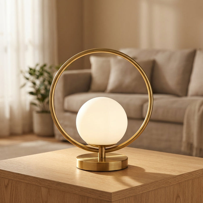 Lampa stołowa ściemniana z pierścieniem LED, szklana, nowoczesny design, regulowane światło, komp 1
