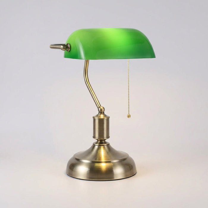 Lampa stołowa szklana z ręcznie wykonanym kloszem i polerowaną metalową podstawą, idealna do klasy 0
