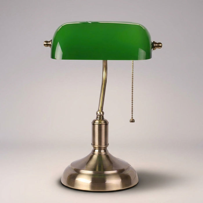 Lampa stołowa szklana z ręcznie wykonanym kloszem i polerowaną metalową podstawą, idealna do klasy 2