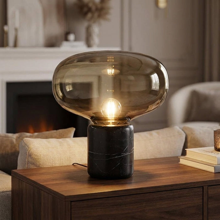 Lampa stołowa szklana z marmurową podstawą, postmodernistyczny design, ciepłe nastrojowe 1