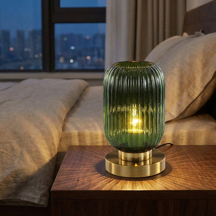Lampa stołowa szklana z metalową podstawą LED w nowoczesnym designie, idealna do salonu i sypial 1