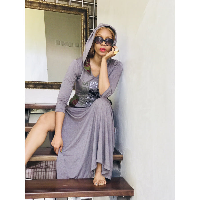 Grey Side Slit #LAGOS FAV THINGS Hooded Maxi Dress, 3/4 Sleeved