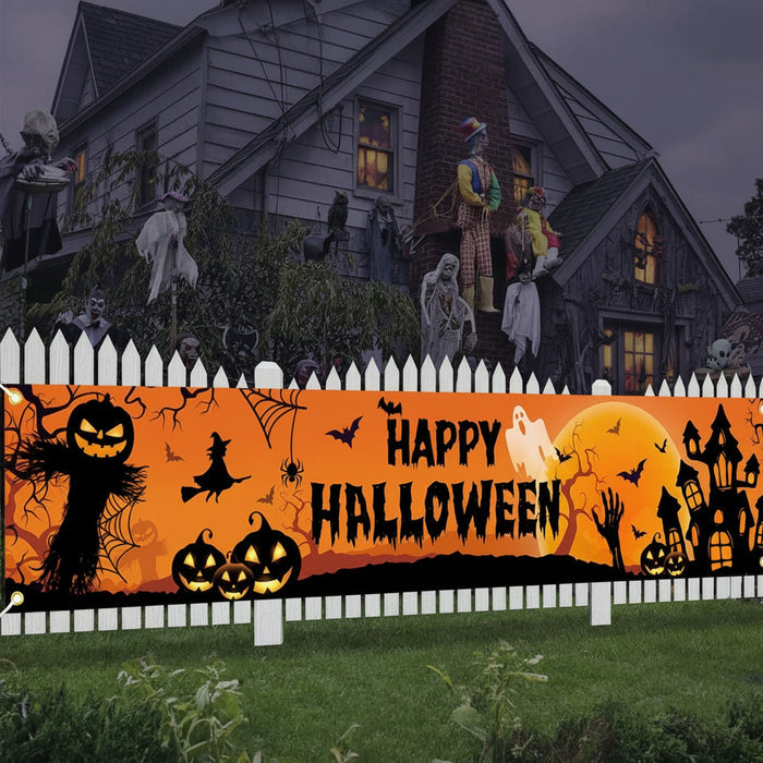 Baner zewnętrzny na Halloween z motywem dyni i nietoperza, idealny do dekoracji imprez plenerowych, 0
