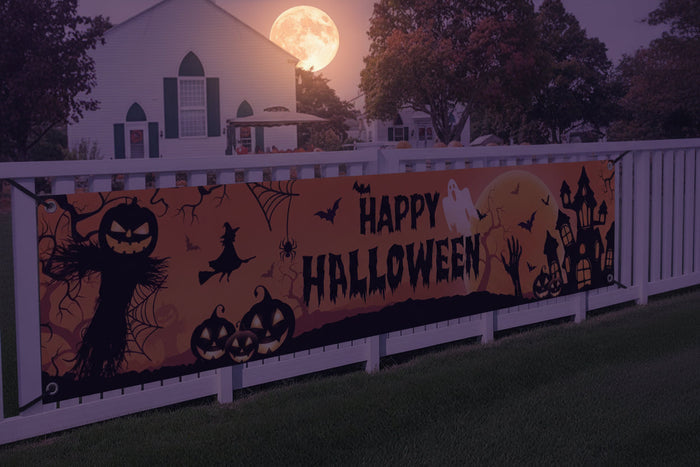 Baner zewnętrzny na Halloween z motywem dyni i nietoperza, idealny do dekoracji imprez plenerowych, 1