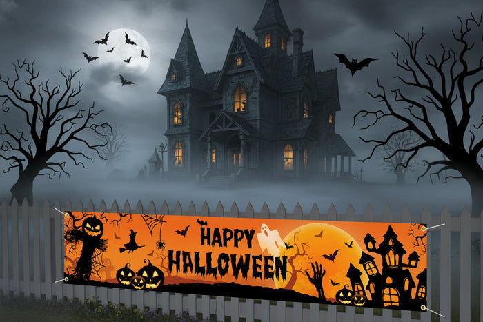 Baner zewnętrzny na Halloween z motywem dyni i nietoperza, idealny do dekoracji imprez plenerowych, 2