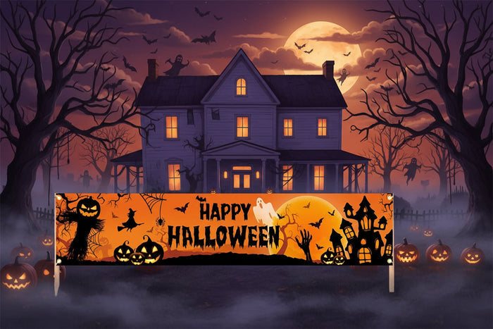 Baner zewnętrzny na Halloween z motywem dyni i nietoperza, idealny do dekoracji imprez plenerowych, 5