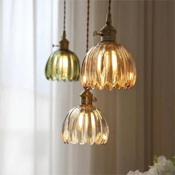 Japońska Lampa Wisząca Kwiatowa Retro – Szklana Lampa z Metalowym Wykończeniem 6