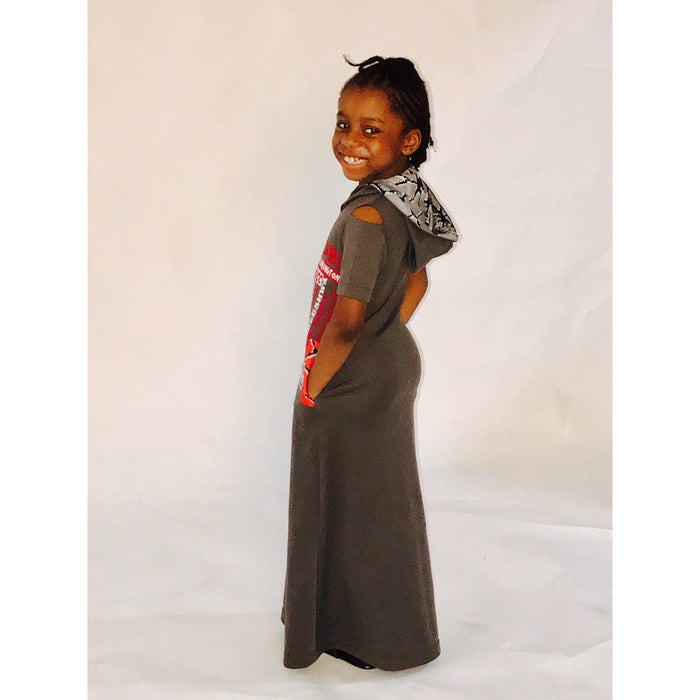 KIDS:  LUV NAIROBI ANKARA GREY HOODED MAXI DRESS