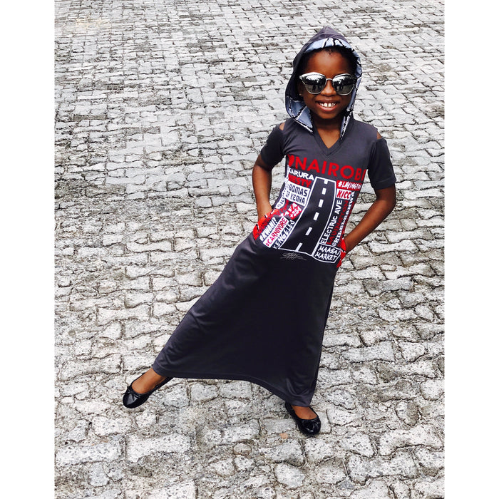 KIDS:  LUV NAIROBI ANKARA GREY HOODED MAXI DRESS