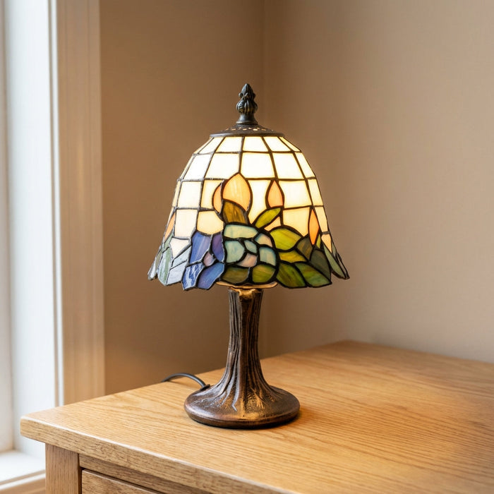 Lampa stołowa witrażowa LED z kloszem ze szkła i podstawą ze szczotkowanego niklu, now 0