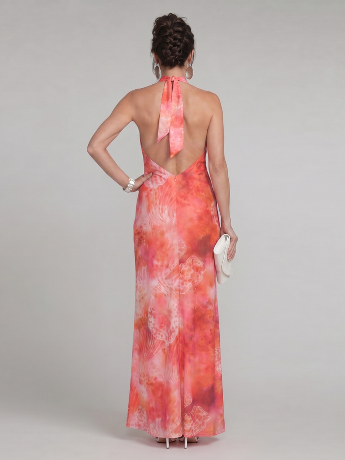 Sukienka maxi z dekoltem halter i nadrukiem – lekka, bezrękawnik na eleganckie okazje 2