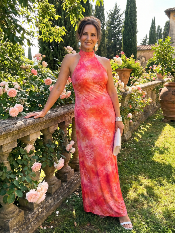 Sukienka maxi z dekoltem halter i nadrukiem – lekka, bezrękawnik na eleganckie okazje 3