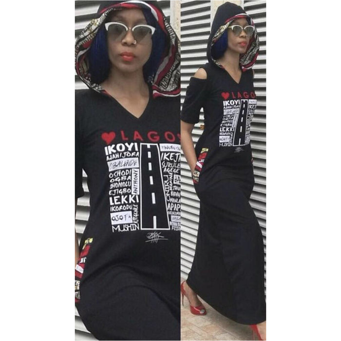MAXI LOVE LAGOS HOODED DRESS, ANKARA & SLIT SHOULDER DETAIL