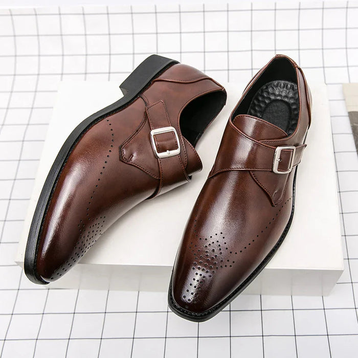 Męskie buty wizytowe z paskiem Monk Strap i amortyzowaną wkładką – polerowana czarna skóra Obuwie formalne 0