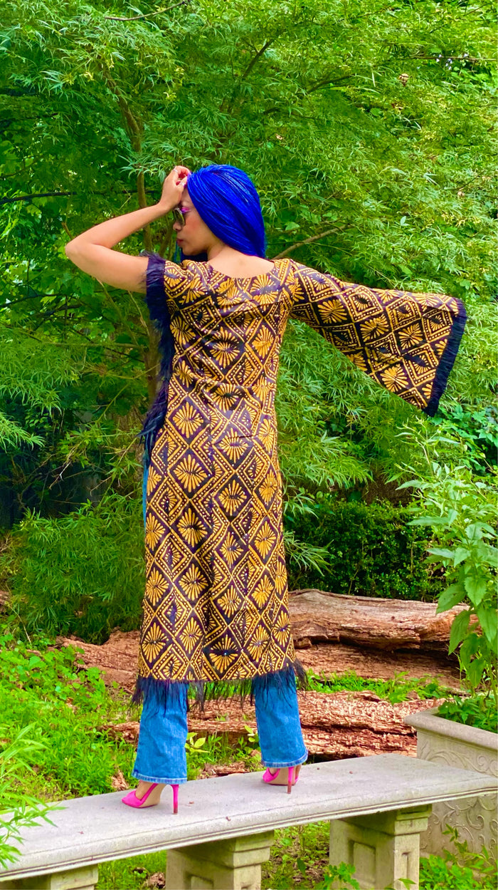 One Sleeved Mustard Malaga Hand Beaded Adire Blouse  with Plumage-