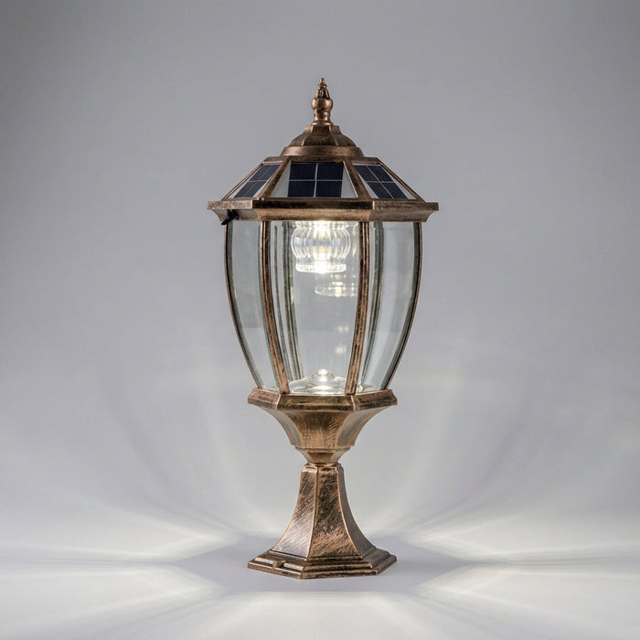Latarnia zewnętrzna słoneczna z zintegrowanym LED w retro stylu, wykonana z aluminium i szkła, emitują 2