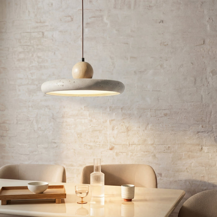 Lampa wisząca z regulowaną wysokością – LED, skandynawski minimalistyczny design – naturalny trawertyn i drewno 1