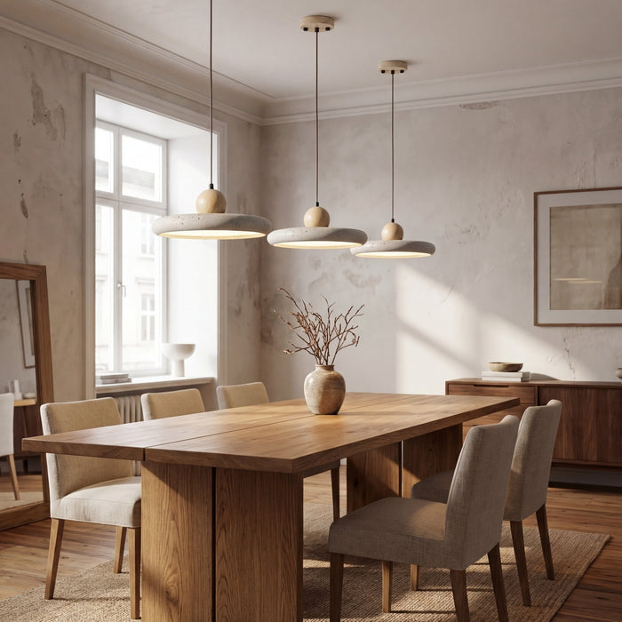 Lampa wisząca z regulowaną wysokością – LED, skandynawski minimalistyczny design – naturalny trawertyn i drewno 2