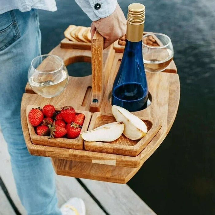 Przenośny drewniany stolik na wino z uchwytem na kieliszki do użytku na zewnątrz – kompaktowy dodatek piknikowy 4