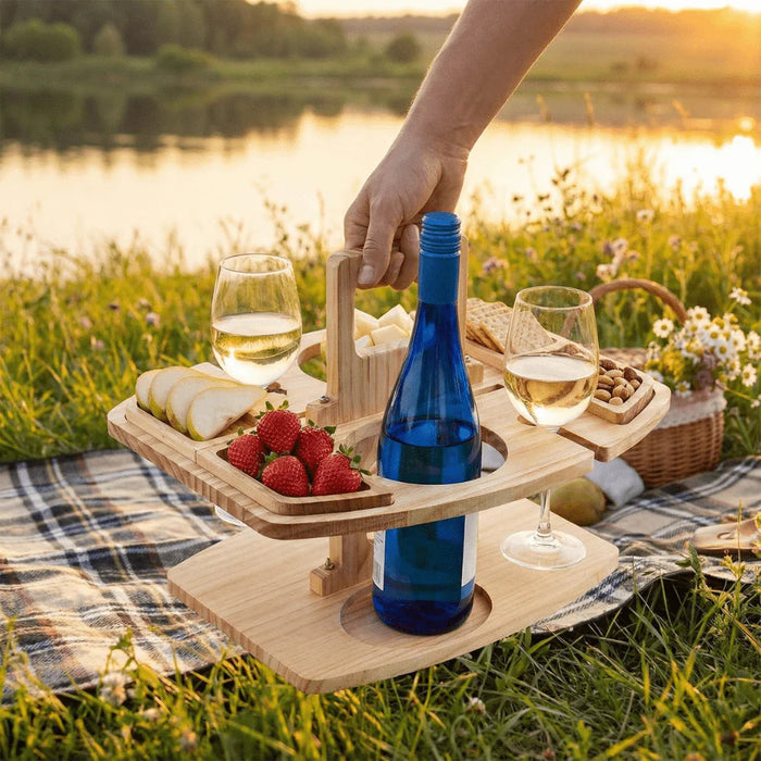 Przenośny drewniany stolik na wino z uchwytem na kieliszki do użytku na zewnątrz – kompaktowy dodatek piknikowy 5