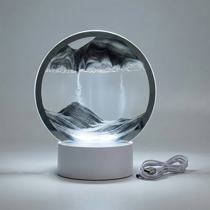 Okrągła lampa artystyczna z LED, prezentująca zmienne wzory piasku, idealna do nowoczesnych 6