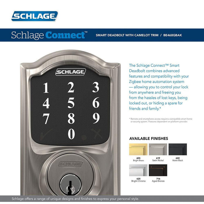 Schlage Connect Smart Deadbolt with Camelot trim in Satin Nickel, Zigbee Certified - BE468GBAK CAM 619