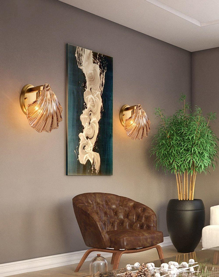 Kinkiet Ścienny Shell w Kształcie Muszli – Elegancka Lampa do Sypialni i Salonu, Mosiądz i Szkło, Miękkie Światło 5