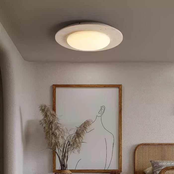 Lampa sufitowa Sky Dome z żółtego trawertynu i litego drewna – elegancka lampa w kształcie kopuły 0