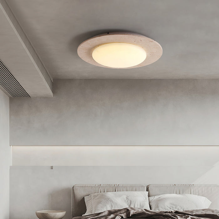 Lampa sufitowa Sky Dome z żółtego trawertynu i litego drewna – elegancka lampa w kształcie kopuły 3