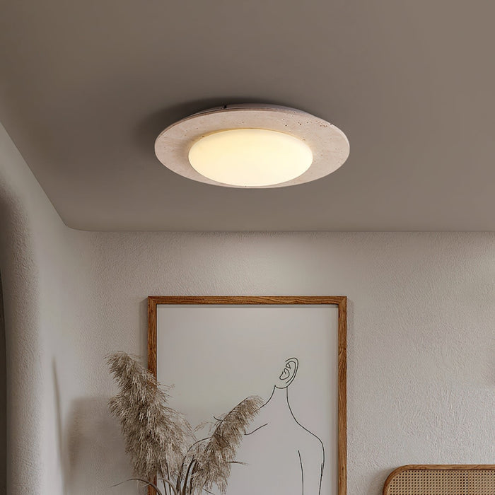 Lampa sufitowa Sky Dome z żółtego trawertynu i litego drewna – elegancka lampa w kształcie kopuły 4