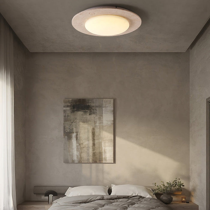 Lampa sufitowa Sky Dome z żółtego trawertynu i litego drewna – elegancka lampa w kształcie kopuły 6