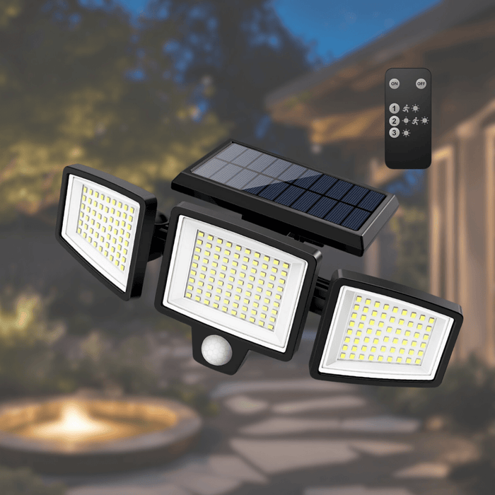 Ultrajasna Lampa Słoneczna z Czujnikiem Ruchu, 2500 Lumenów, 3 Głowice, Zdalne Sterowanie, IP65 0