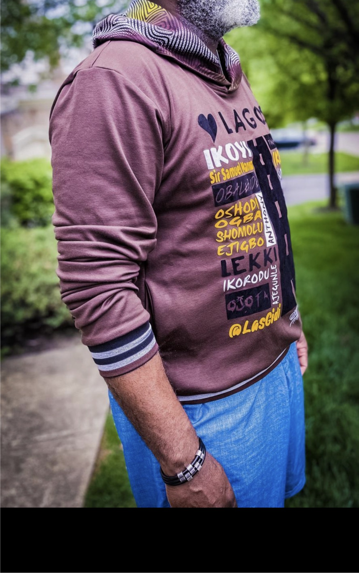 UNISEX BROWN LOVE LAGOS HOODED SWEATSHIRT, ANKARA DETAIL