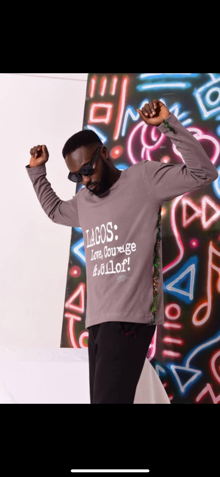 UNISEX : LAGOS; LOVE, COURAGE&JOLLOF  SHIRT, HAND FRAYED DETAIL