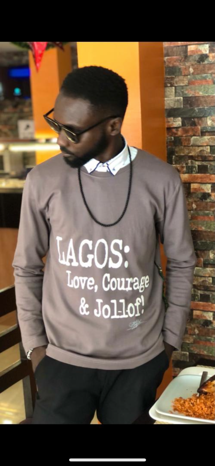UNISEX : LAGOS; LOVE, COURAGE&JOLLOF  SHIRT, HAND FRAYED DETAIL