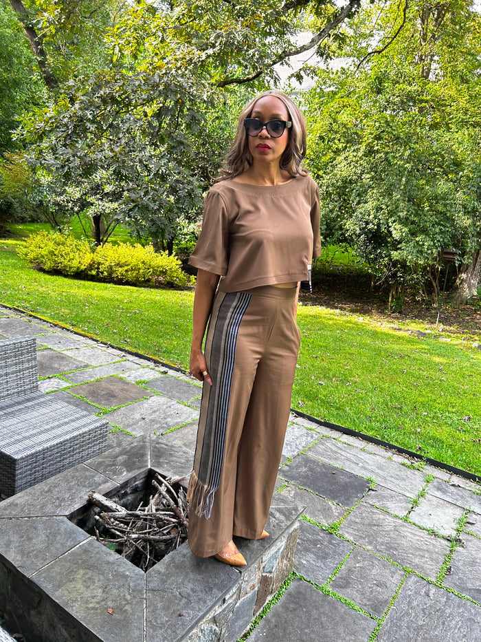 Vivienne Cropped Blouse in Tan with Kamala Asooke Detail
