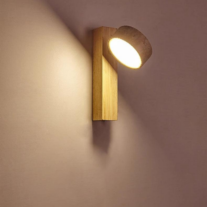Kinkiet Ścienny Wabi Sabi z Trawertynu i Drewna, Obrotowa Lampa LED do Sypialni i Salonu, Złamana Biela 1